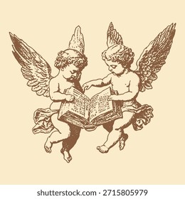 Two cherub angels reading a book in classical vintage engraving style, representing knowledge, wisdom, and education in religious art.
