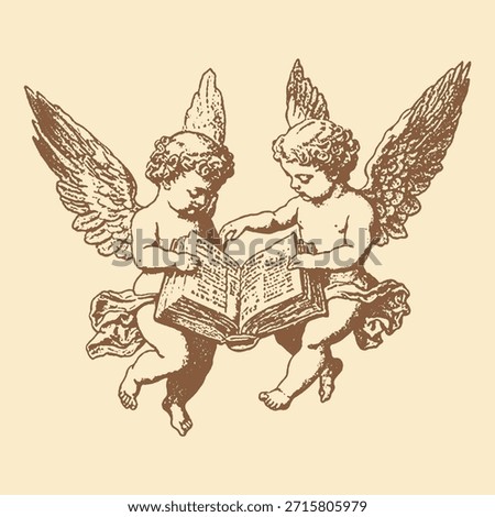 Two cherub angels reading a book in classical vintage engraving style, representing knowledge, wisdom, and education in religious art.