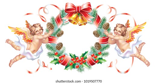 Two cherub and a Christmas wreath on a white background