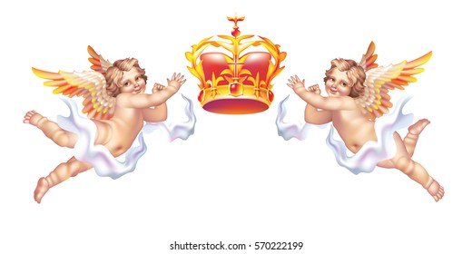 Two cherub and a crown on a white background