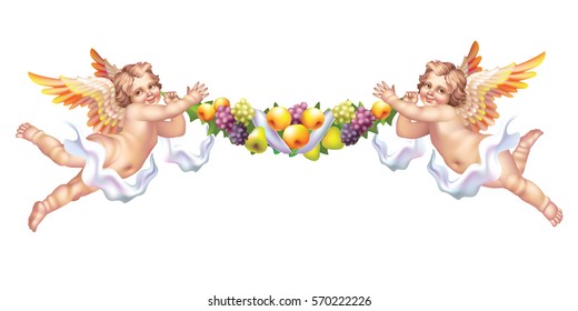 Two cherub with a garland of fruit on a white background