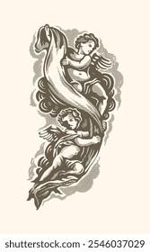 Two Cherub vintage drawing style