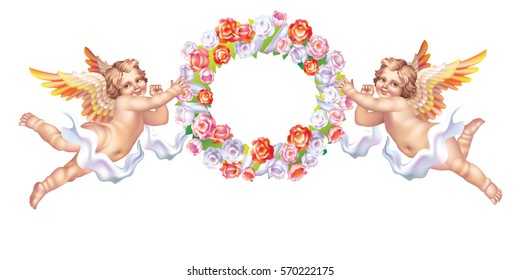 Two cherub with a wreath of roses on a white background