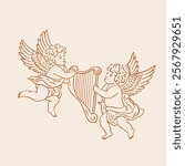Two cherubs holding a harp. Vintage style.