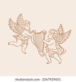 Two cherubs holding a harp. Vintage style.