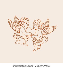 Two cherubs holding a heart. Vintage style.