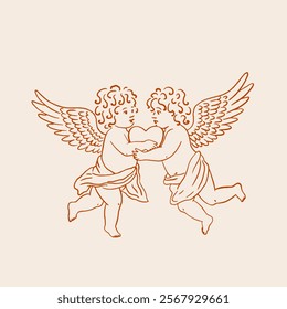 Two cherubs holding a heart. Vintage style.