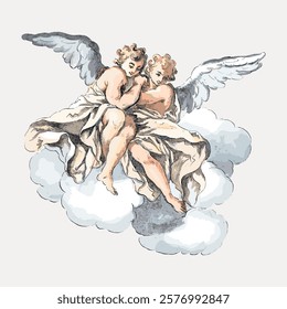 Two cherubs resting on clouds, angelic figures with wings, serene and peaceful. Cherubs symbolize innocence and purity, depicted in classic art style. Vintage illustration isolated on white, vector.