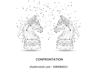 Two chess figure horses face to face on whete background. Vector illustration polygonal style. Confrontation concept.