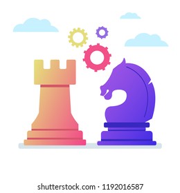 Two chess figures horse and rook. Business strategy concept. Vector flat cartoon graphic design illustration