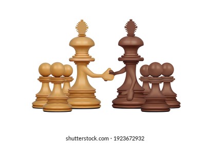 Two chess kings with their retinue conclude a truce. 3d vector illustration