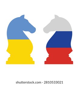 Two chess knight pieces facing each other, one colored with the Ukrainian flag and one with the Russian flag. Conceptual representation of geopolitical conflict.