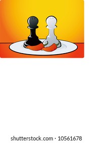  two chess pawns and chillies in a plate	