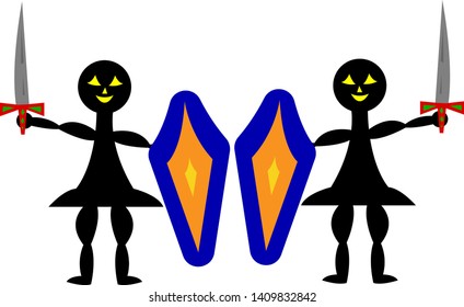 two chess pawns with swords and shields isolated on white dark warriors with strong muscles concept of a popular board game