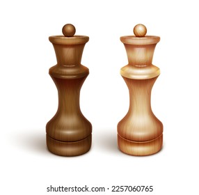 Zwei Schachfiguren - Königin. Aus lackiertem Holz. 3D-realistische Illustration. Einzeln auf weißem Hintergrund. Vektorgrafik