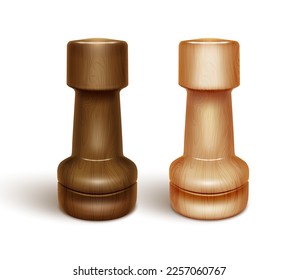 Two chess pieces - rooks. Made from lacquered wood. 3D realistic illustration. Isolated on white background. Vector