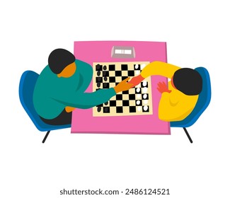 Two chess players shake hands over the chessboard. Top view of the chess game.