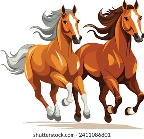 Dos caballos de castaño galopando, ilustración artística animal. Elegancia, poder de caballos salvajes capturados en la ilustración vectorial de movimiento.