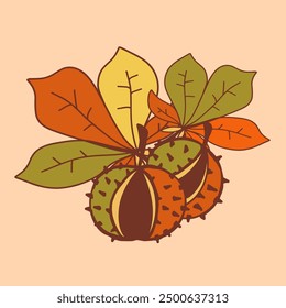 Two chestnuts surrounded by colorful autumn leaves on a light background