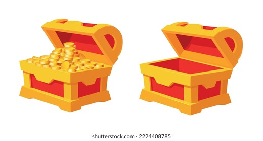 Two chests. An empty chest and a chest with bright gold coins inside. isolated set on white background