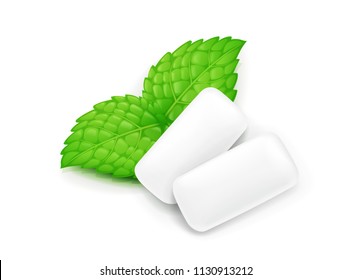 Two chewing gum and mint leaf. Fresh spearmint chewing-gum. Delicious food. Peppermint candy. Coolness oral breath. Isolated white background. EPS10 vector illustration.