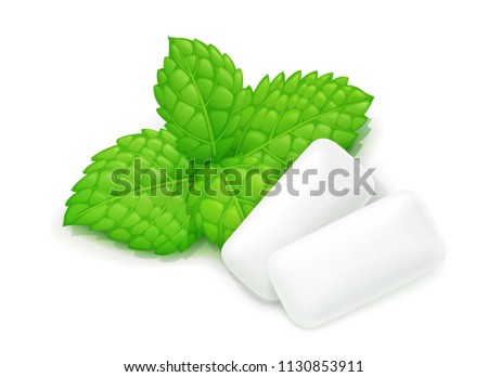 Two chewing gum and mint leaf. Fresh spearmint chewing-gum. Delicious food. Peppermint candy. Coolness oral breath. Isolated white background. EPS10 vector illustration.
