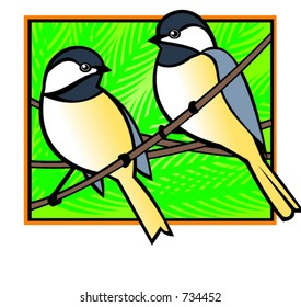 Two Chickadees Sitting on A Branch