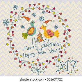 Two chicken in Christmas cap. 2017 holiday card. Vintage postcard. Merry Christmas and Happy New Year! 