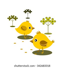 Two chicken eat the grain on the background of flowers and grass vector color flat icon