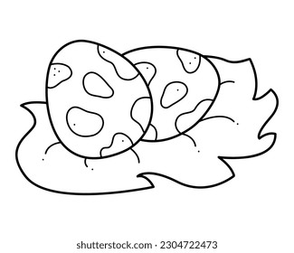  Two chicken eggs in the nest. Doodle black and white vector illustration.