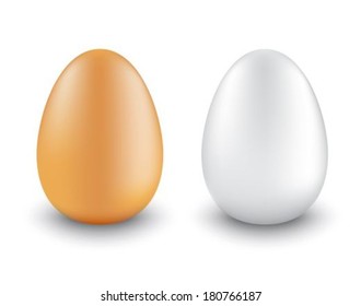 two chicken eggs realistic different colors on a white background