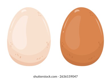 Two chicken eggs white and brown. Vector illustration isolated objects. Ingredients for making breakfast, scrambled eggs, glazed eggs. Whole shell, raw, boiled