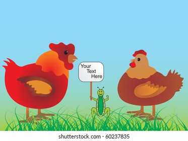 Two chicken and grasshopper in green grass