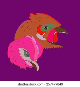 Two chicken heads on a  dark pink  background. Hand drawn.Sketch from life.