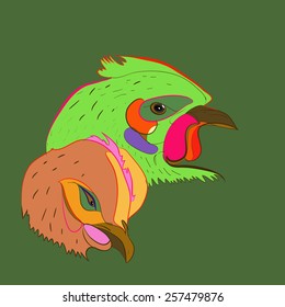 Two chicken heads on a  pale green  background. Hand drawn.Sketch from life.