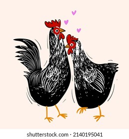 Two chicken love each other. Rooster, hen, cartoon drawing vector illustration. Isolated object. Farm bird.