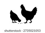 Two chicken silhouettes pecking from the ground, farm animal concept