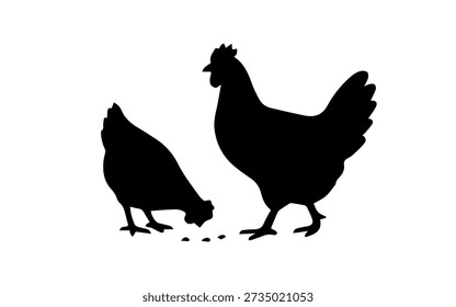 Two chicken silhouettes pecking from the ground, farm animal concept