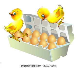 Two chicken sitting on the box with eggs, vector cartoon image.