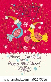 Two chicken in St. cap. 2017 holiday red card. Merry Christmas and Happy New Year! 