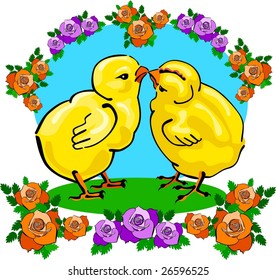 Two chickens are kissing