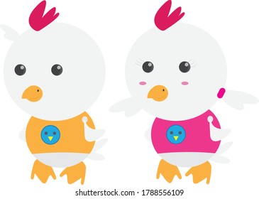 two chicks dressed in cute shirts lined up waiting for the lunch queue