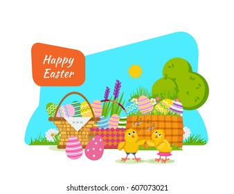 Two chicks frolic and have fun next to the Easter basket, against the backdrop of beautiful surroundings. Vector illustration. Can be used in banners, invitation, postcards, poster.