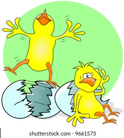 Two Chicks, one celebrating the other one dazed. Easter vector.