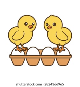 Two chicks standing on eggshells vector illustration with white background