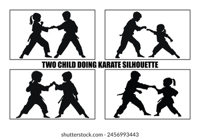 Dos niños haciendo silueta de karate, dos niños luchadores de karate en un partido, 