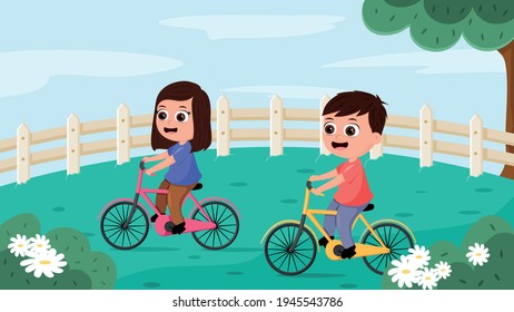 Two child riding bicycle in a park