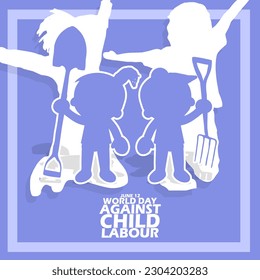 Two child workers holding work tools such as shovels and forks with illustrations of happy children behind them with frames and bold text to commemorate World Day Against Child Labour on June 12