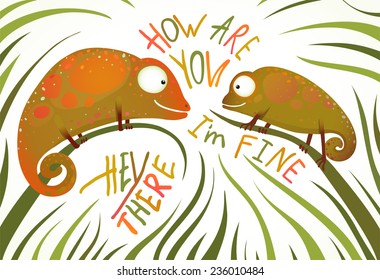 Two Childish Colorful Lizards Greeting with Signs How Are You. Funny smiling chameleons eating insects illustration. Vector illustration EPS10.