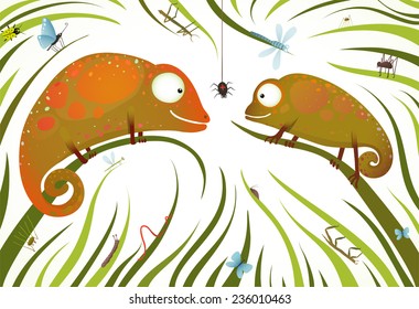 Two Childish Colorful Lizards with Insects in Grass. Funny smiling chameleons eating insects illustration. Vector illustration EPS10.